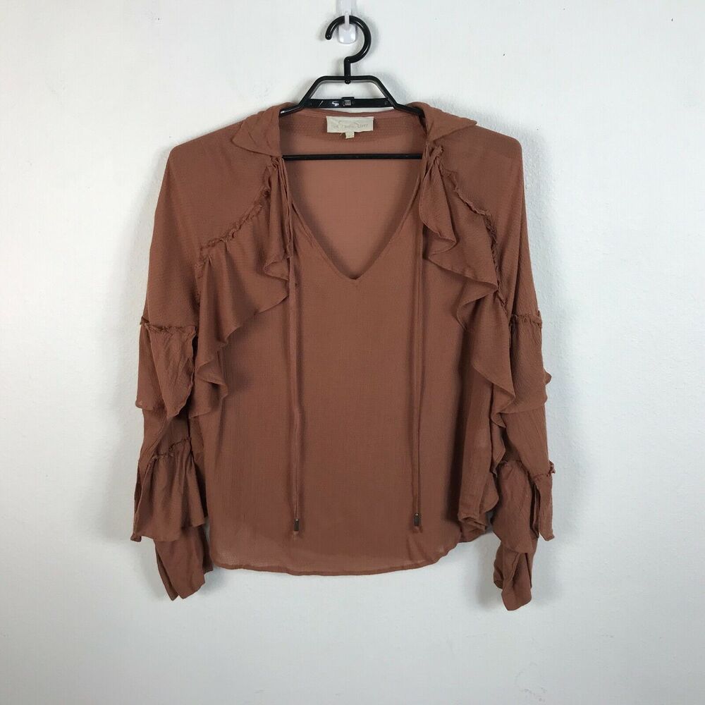 Love Sam Blouse‎ Womens Size S Brown Long Sleeve Ruffled Viscose Boho Shirt